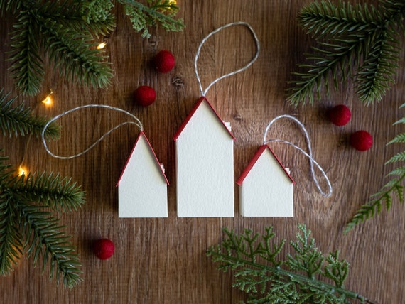 Minimalist Christmas Tree Ornament set - handcrafted of sturdy watercolor paper, contemporary hygge Scandi holiday decor, unique for gifting