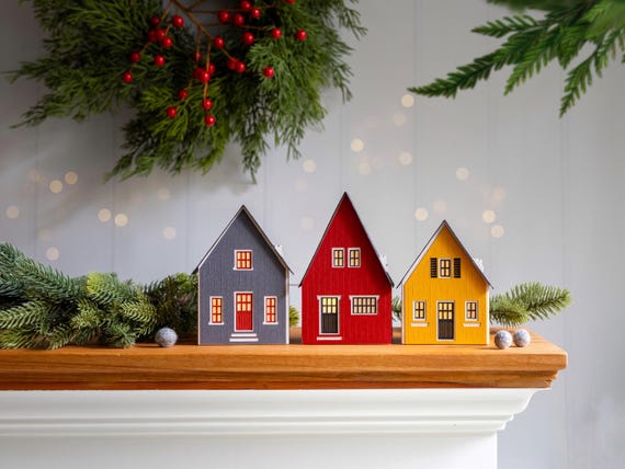 Scandinavian Christmas Village - a hygge mantel set handcrafted with Nordic style. Folds perfectly flat to store.