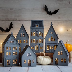 Haunted Halloween Houses (set of 6): handmade of heavy artisan papers, fold perfectly flat to store