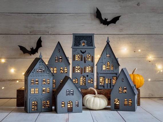 Handcrafted Halloween Haunted Village - 6 luminaries, made by hand using archival papers. Folds perfectly flat to store.