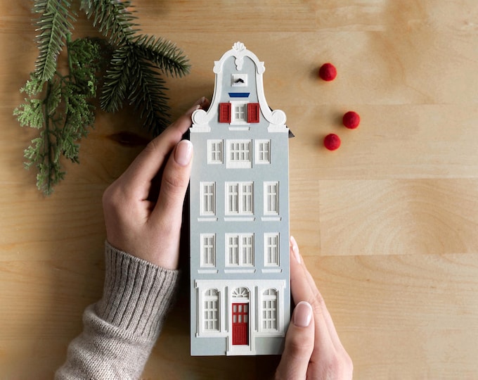 Amsterdam Canal House Luminary - Dutch holiday decor, handmade of artisan papers, flat perfectly to store - so easy!