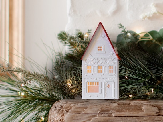 Handmade Christmas village house of beautifully textured watercolor paper, folds flat to store