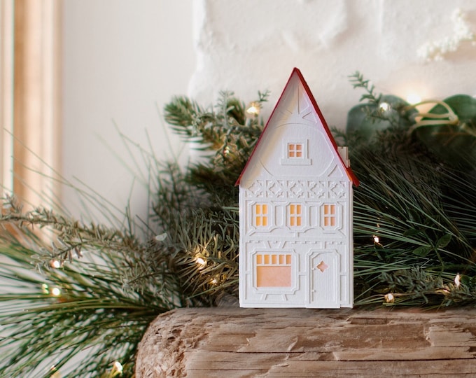 Handmade Christmas Village Luminary: artisan papers, folds perfectly flat to store