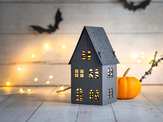 Halloween Haunted House Luminary - eerie and elegant, handmade of artisan papers. Folds perfectly flat to store.