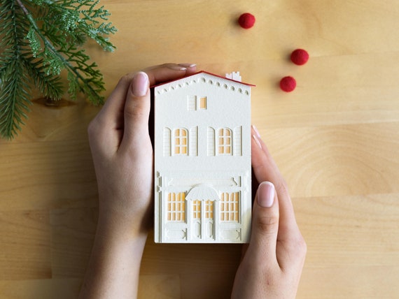 Chocolate Shop Christmas Village Luminary: handmade of layered paper, folds perfectly flat for storage