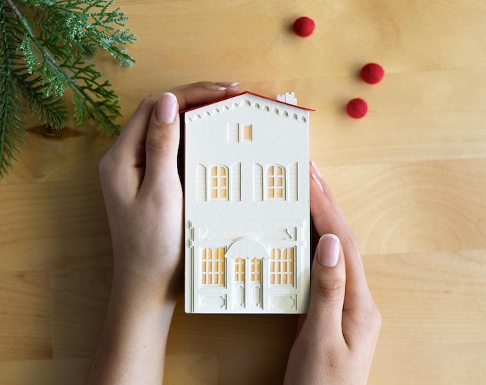 Chocolate Shop Christmas Village House Luminary: handmade of artisan papers, folds perfectly flat to store