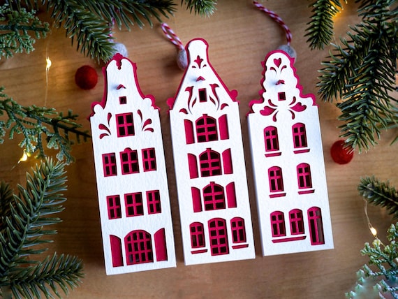 3 Dutch Christmas Tree Ornaments - Amsterdam canal houses handcrafted from beautifully detailed French watercolor paper