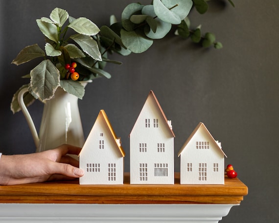 Neutral Christmas Decor: modern 3-house holiday village handcrafted from sustainable heirloom papers