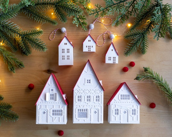 Gift set: a box of holiday cheer! Christmas village and trio of matching ornaments, handmade of heavyweight watercolor paper