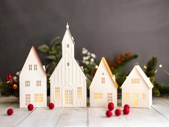 Hygge Neutral Christmas Village - modern mantel set handcrafted from sustainable papers. Folds flat to store.
