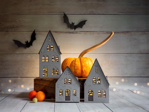 Haunted Halloween Village: 3 luminaries, handmade from artisan papers, folds perfectly flat to store