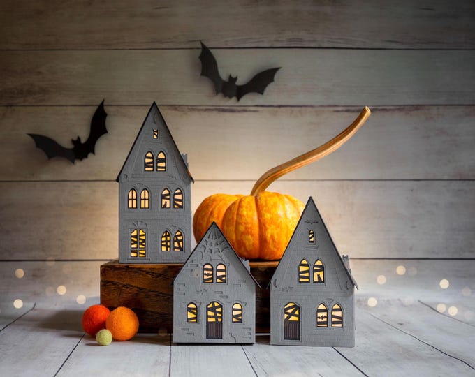 Haunted Halloween Village: 3 luminaries, handmade from artisan papers, folds perfectly flat to store