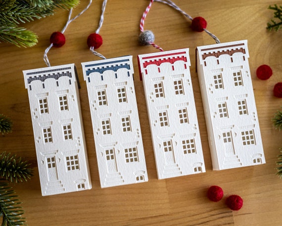 Brownstone Christmas Ornament - handmade of beautifully textured watercolor paper, lovely hostess gift