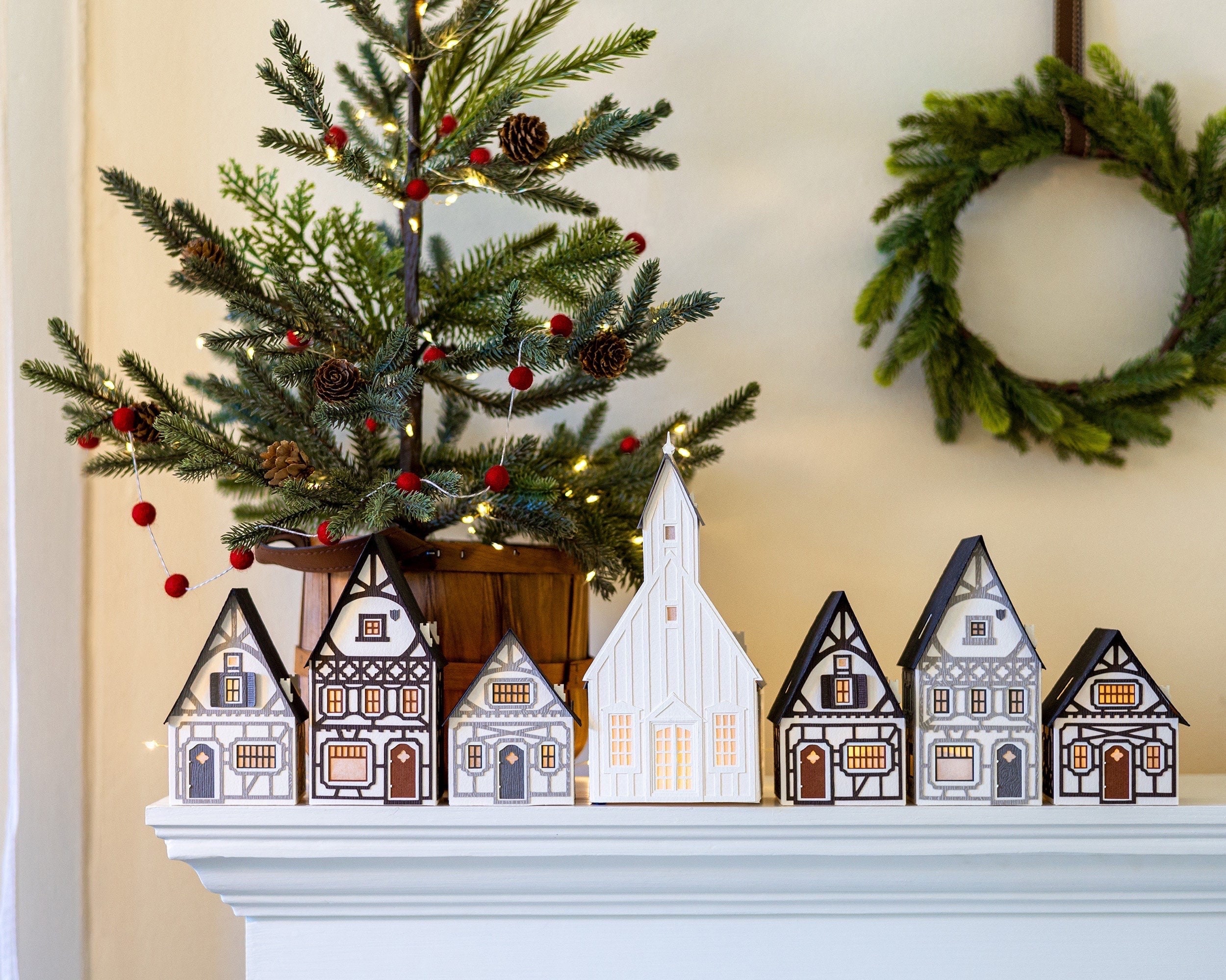 HalfTimbered Christmas Village handmade layeredpaper luminaries