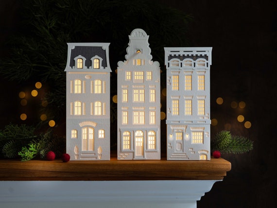 Urban Christmas village: 3-piece New York, Paris, Amsterdam holiday mantel decor set made of artisan paper, white light up houses