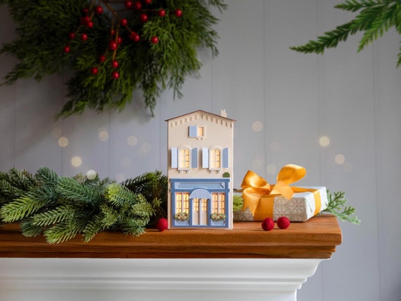 The Chocolate Shop/Chocolaterie - handmade Christmas Village house. Artisan papers, folds flat to store.