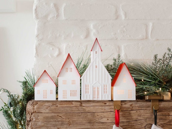 Modern Christmas Village: Scandi white paper mantel decor, folds perfectly flat to store
