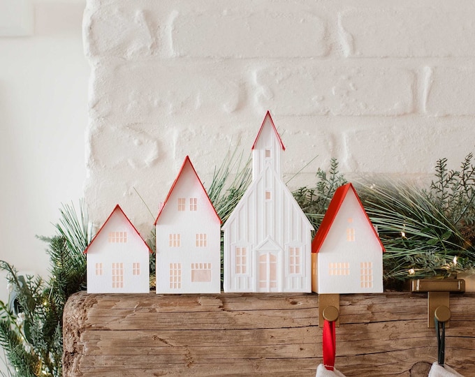 Minimalist Scandi Christmas Village: modern decor handmade of artisan papers, folds perfectly flat to store
