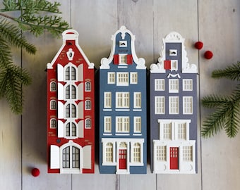 Dutch Canal House Layered Paper Luminary Trio, Christmas village mantel set, folds perfectly flat to store