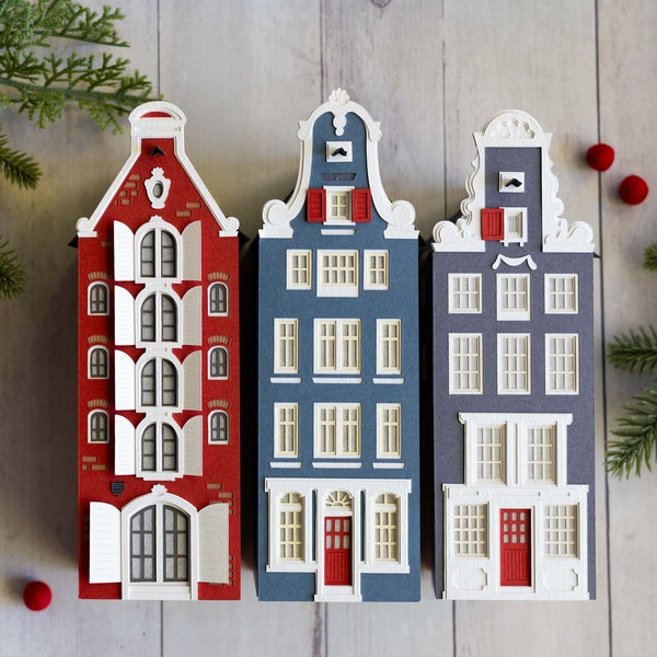 Dutch Canal House Layered Paper Luminary Trio, kerstdorpsschouwset, perfect plat op te vouwen om op te bergen