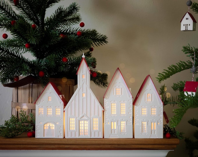 Christmas Village Luminary Set: Handmade of Artisan Papers, Folds Perfectly Flat to Store - A New Collection, Exclusively on Etsy