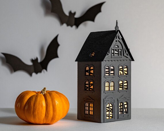 Halloween haunted house luminary, autumn home decor for the mantel, folds to store