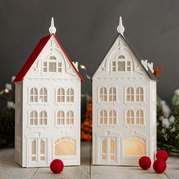 San Francisco Victorian Christmas Village House - handmade of beautiful cold-pressed paper, folds perfectly flat to store