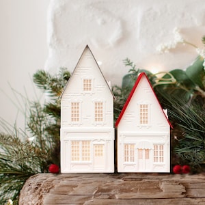 Toy Shop and Sugarplum Shop: Christmas Village houses, handmade of artisan papers, folds perfectly flat to store