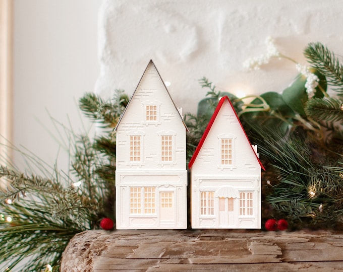 Toy Shop and Sugarplum Shop: Christmas Village houses, handmade of artisan papers, folds perfectly flat to store