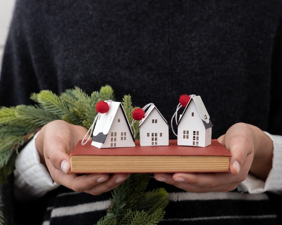 6 Christmas Cabin Ornaments: snow-capped mountain houses, handmade of sturdy watercolor paper, unique ski gift decor