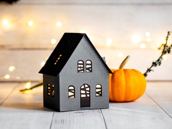 Haunted Halloween Paper House Luminary - black cat and bat details. Folds perfectly flat to store.