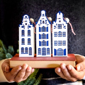 3 Dutch Christmas Ornaments: Delft canal houses handcrafted from French watercolor paper