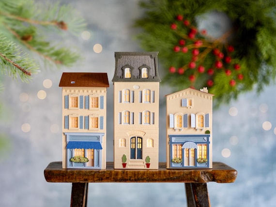 French Christmas Village - trio of heirloom luminaries, made by hand using beautiful artisan papers