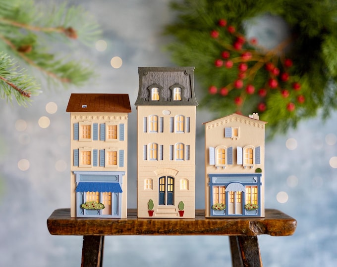 French Christmas Village - trio of heirloom luminaries, made by hand using beautiful artisan papers