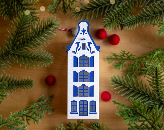 Dutch Christmas Ornament (spout gable):  Amsterdam canal house, handcrafted from artisan papers