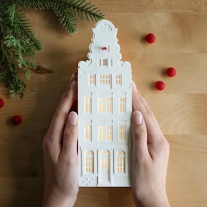 Amsterdam Canal House Luminary - Dutch holiday decor, handmade of artisan papers, flat perfectly to store - so easy!