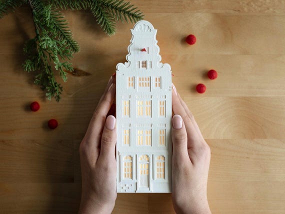 Amsterdam Canal House Luminary - Dutch holiday decor, handmade of artisan papers, flat perfectly to store - so easy!