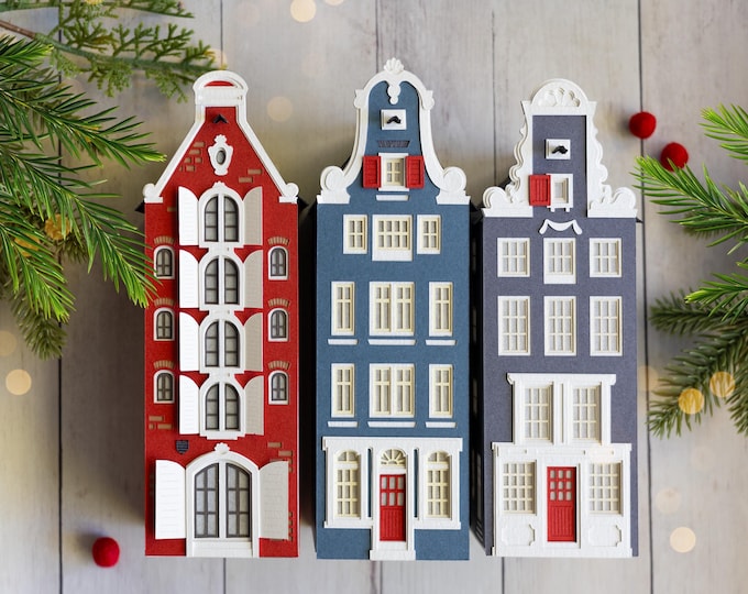 Dutch Canal House Christmas Village - luminary set, handmade of artisan papers. Folds perfectly flat to store.