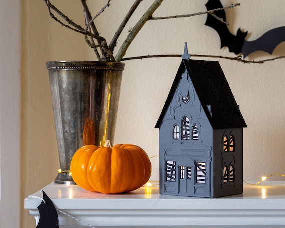 House of Bats: light-up Halloween haunted house, handmade of sustainable artisan papers, folds flat to store