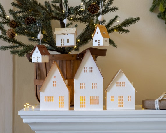 Neutral Christmas decor: modern 3-house holiday village handcrafted from sustainable heirloom papers, folds to store