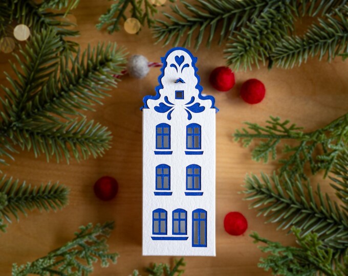 Dutch Christmas Ornament (neck gable):  Amsterdam canal house, handcrafted from artisan papers