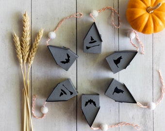 Halloween ornaments handmade of artisan papers, spooky fall witchcore decor (set of 6)