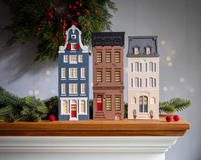 Urban Christmas Village Set - Amsterdam, New York, Paris handmade luminaries.  Folds perfectly flat for simple storage.