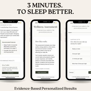 May include: Three smartphones displaying a wellness assessment app with the text "3 Minutes to Sleep Better." The app offers personalized protocols and assesses sleep quality, energy patterns, and stress levels. The website www.nubai.store is also visible.