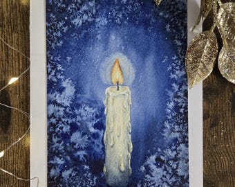 Christmas Candle Greeting Card – Hope Card - Blue Winter Night Watercolor – Christian Holiday Card – Blank Inside – ColorOlha Art