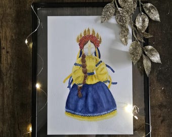 Ukrainian Motanka Doll Printable Wall Art - Folk Art Digital Download - Blue and Yellow Poster Poppy Wheat Wreath -  Slavic Home Decor