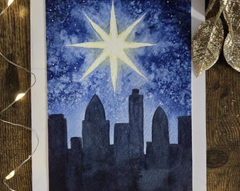 Holiday Greeting Card - Peace Card - Christmas City Night