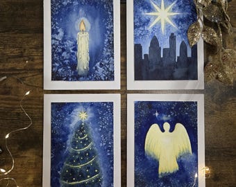 Set of Christmas Greeting Cards - Choose Designs - Blue Night Watercolor - Candle, Angel, Tree & Star - New Year Cards