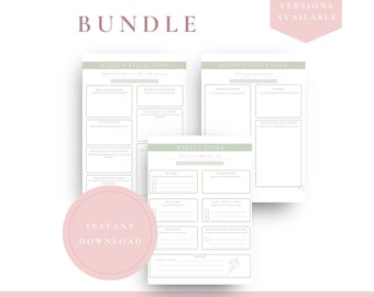 May include: A weekly bundle of printable and digital planner pages. The pages include sections for weekly reflection, productivity, and tasks. The design is minimalist with a soft color palette and the text "WEEKLY BUNDLE" at the top.