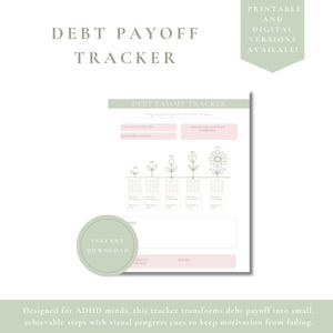 May include: A printable debt payoff tracker with a floral progress chart. The tracker includes sections for total debt amount, rewards, and a visual representation of debt reduction stages. The design is in soft green and pink tones.